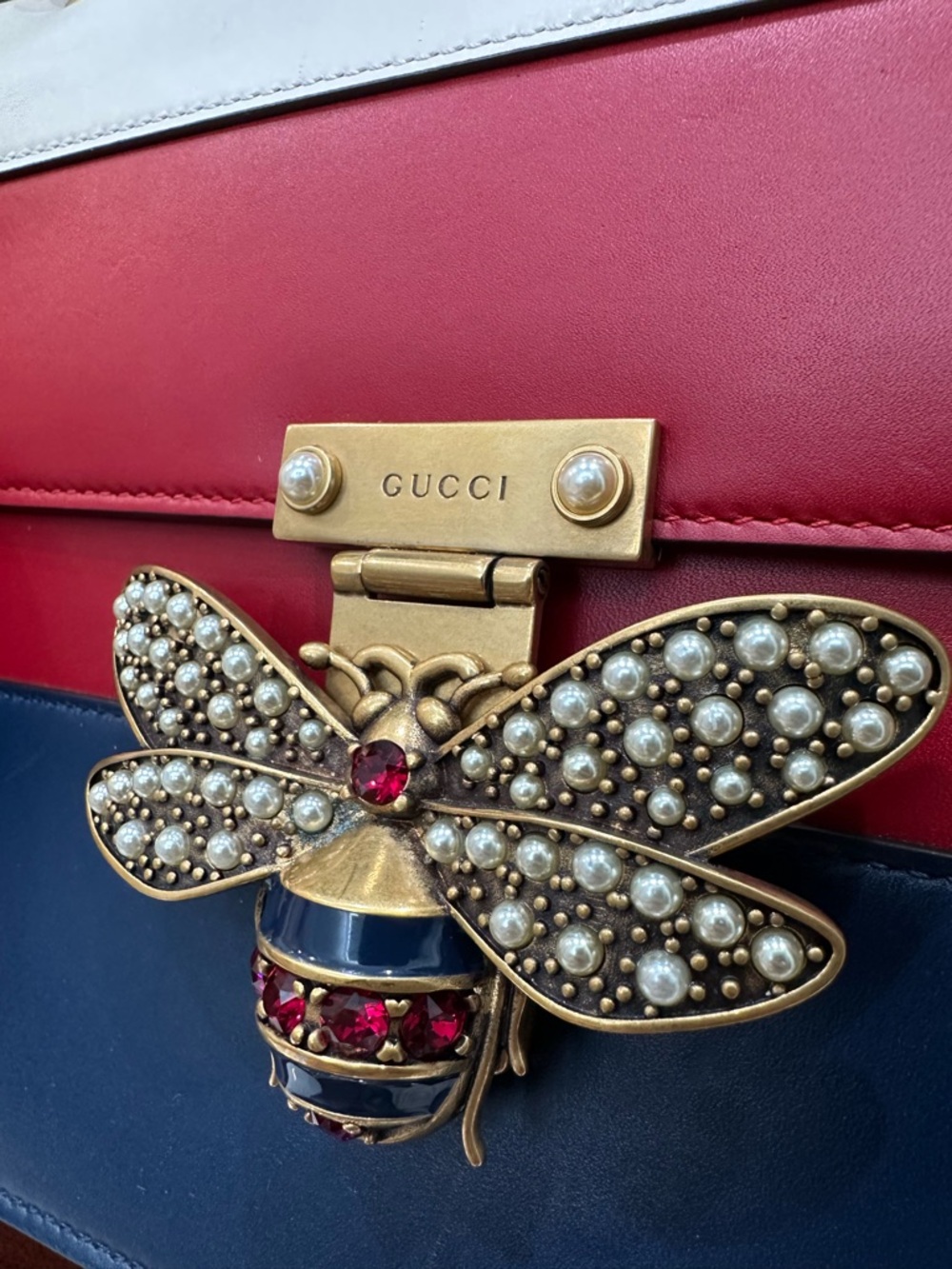 Gucci Queen Margaret Bee Top Handle Bag Red Navy Ivory Pink Strap - Picture 12 of 14